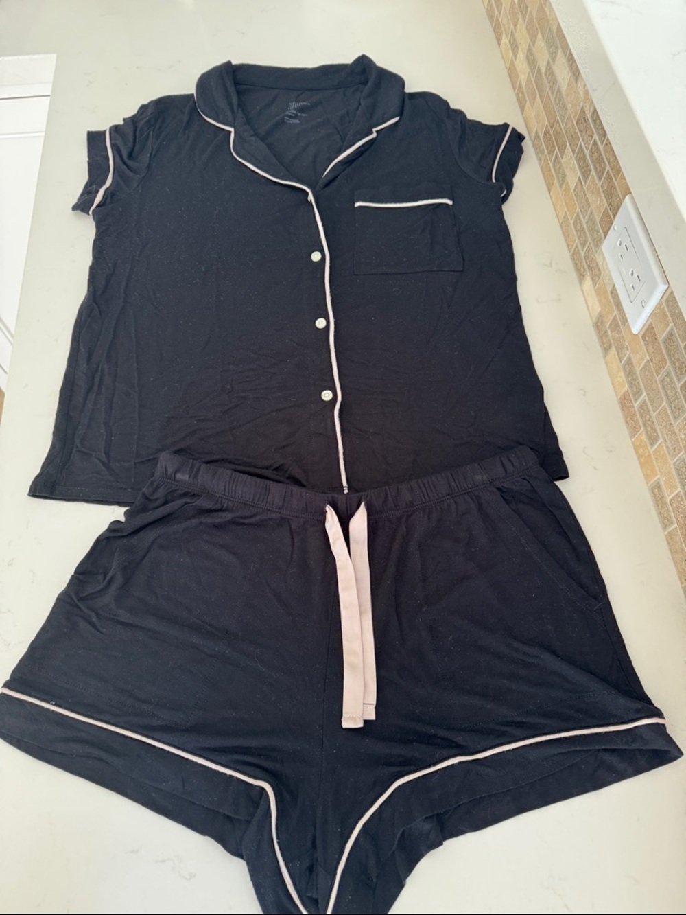 Stars Above Black Short Sleeve Pajama Set with Cream Trim